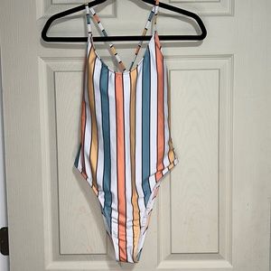 Shein one piece swimsuit stripes pastel size large